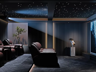 Modern Home Theater Interior With Starry Ceiling Black Leather Sofas And Large Projection Screen 3d model