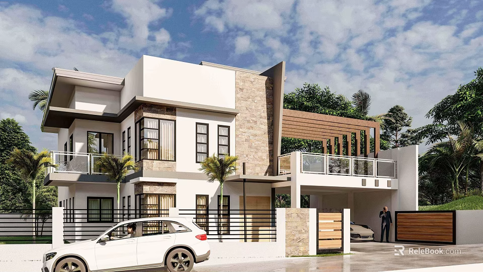 Modern Single Family House Exterior With Stone Wall Large Windows Balcony And Palm Trees 3d model 