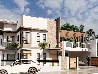 Modern Single Family House Exterior With Stone Wall Large Windows Balcony And Palm Trees 3d model