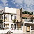 Modern Single Family House Exterior With Stone Wall Large Windows Balcony And Palm Trees