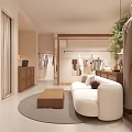 Modern Minimalist Clothing Store With Hanging Clothes Mannequins Handbags And Green Tree