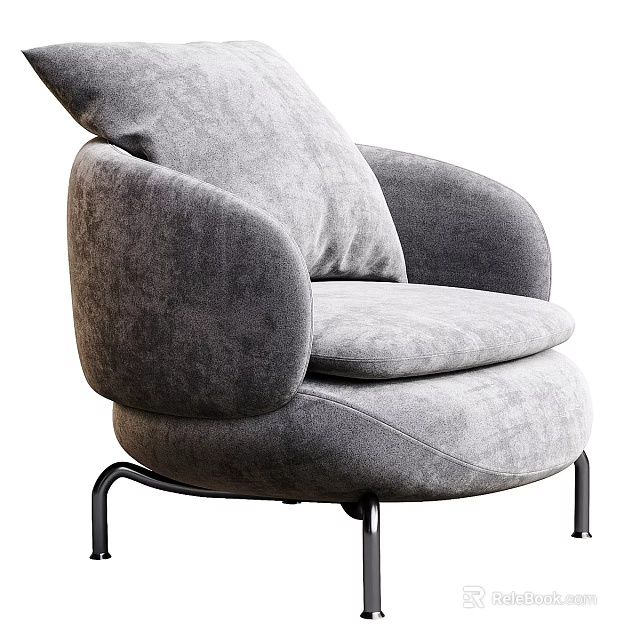 Gray Plush Accent Chair With Rounded Arms And Black Metal Legs 3d model 