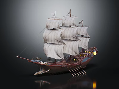 Vintage Wooden Sailing Ship With Multiple White Sails And Detailed Hull Structure 3d model