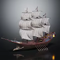 Vintage Wooden Sailing Ship With Multiple White Sails And Detailed Hull Structure