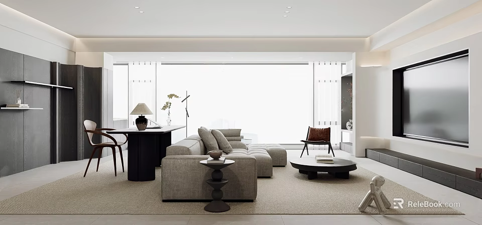 Minimalist Living And Dining Room With Gray Sofa Round Coffee Table And Dining Table 3d model 