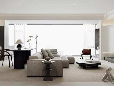 Minimalist Living And Dining Room With Gray Sofa Round Coffee Table And Dining Table 3d model