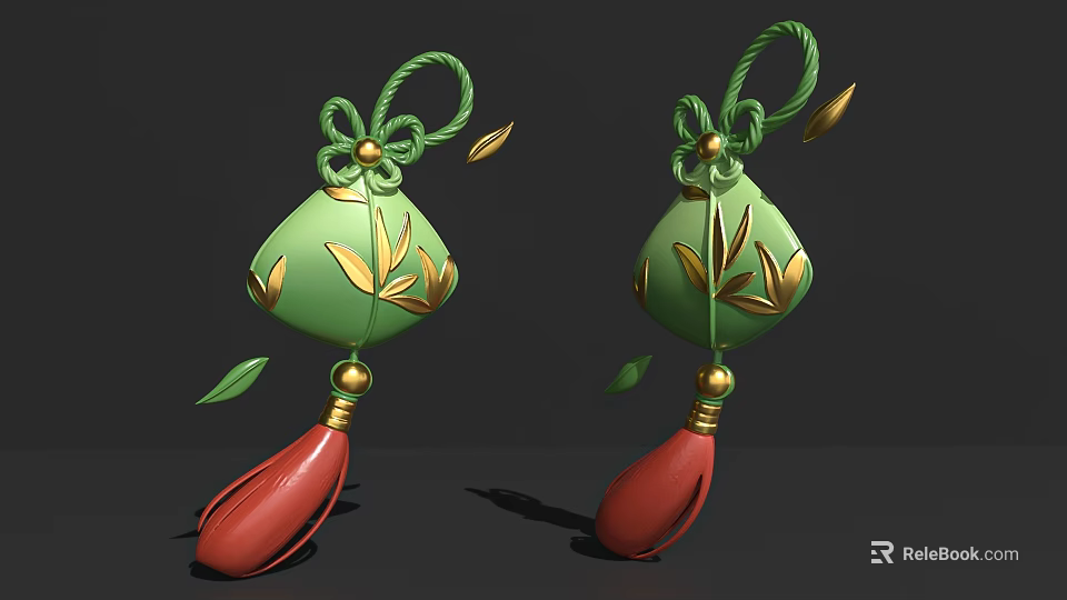 Decorative Ornament Set with Green Knot Rope Golden Leaves and Red Tassels for Home Decor 3d model 