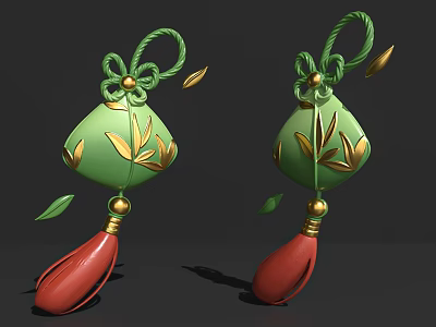 Decorative Ornament Set with Green Knot Rope Golden Leaves and Red Tassels for Home Decor 3d model