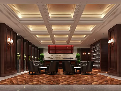 Elegant Clubhouse Interior Design With Luxurious Ceiling Wooden Decor Leather Sofas And Wine Racks 3d model