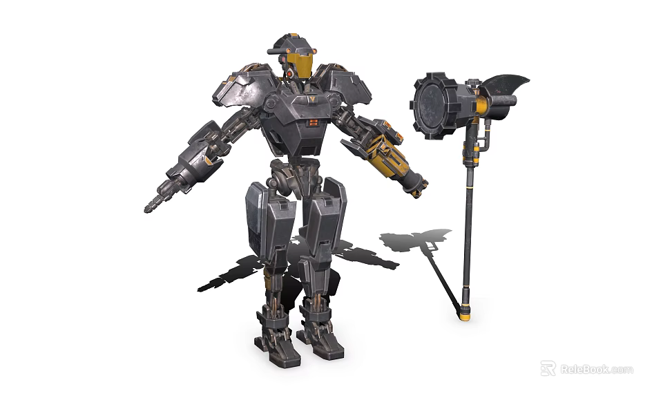 Game Movie Robot Character With Metal Armor Yellow Accents And Large Hammer Weapon 3d model 