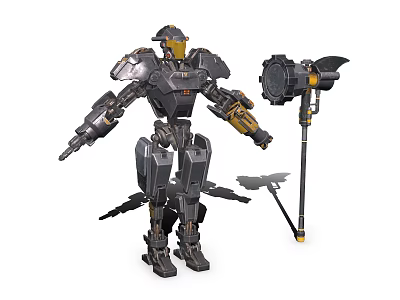 Game Movie Robot Character With Metal Armor Yellow Accents And Large Hammer Weapon 3d model