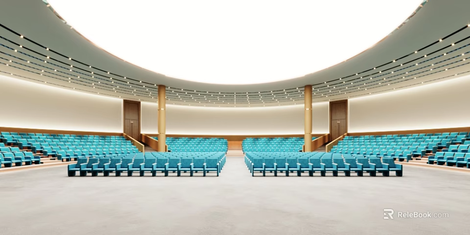 Modern Conference Room Interior Design With Circular Layout Blue Seats And Wooden Columns 3d model 