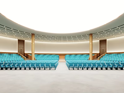 Modern Conference Room Interior Design With Circular Layout Blue Seats And Wooden Columns 3d model