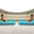 Modern Conference Room Interior Design With Circular Layout Blue Seats And Wooden Columns