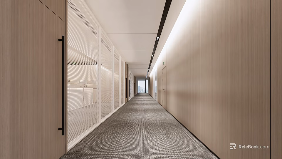 Modern Office Corridor With Wooden Walls Glass Partitions And Carpeted Floor 3d model 