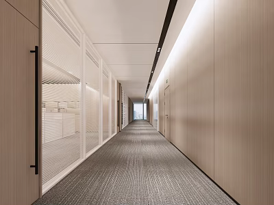Modern Office Corridor With Wooden Walls Glass Partitions And Carpeted Floor 3d model
