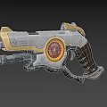 Futuristic Chronos Armaments Weapon With Gold Silver Finish And Red Glowing Core