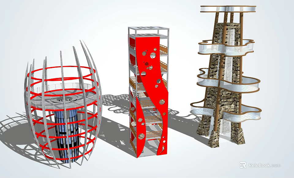 Modern Roadside Facilities With Architectural Red Silver Spiral Metal Stone Structures 3d model 