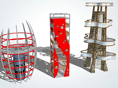 Modern Roadside Facilities With Architectural Red Silver Spiral Metal Stone Structures 3d model