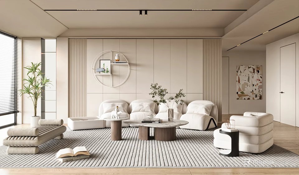Modern Living Room Interior With White Sofa Round Coffee Table Striped Rug And Plants 3d model 
