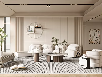 Cream Style Living Room Sofa Coffee Table Combination Side Table Single Person Sofa Leisure Recliner Stool Green Plant Hanging Picture 3d model