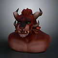 Fierce Game and Movie Character With Red Fur Green Eyes Sharp Horns And Fangs
