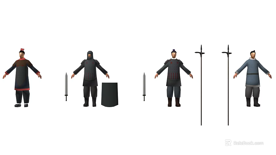 Ancient Men In Traditional Robes With Swords And Barrels In Various Postures 3d model 