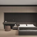 Modern Minimalist Bedroom Interior With Wooden Dressing Table Mirror And Bedside Table