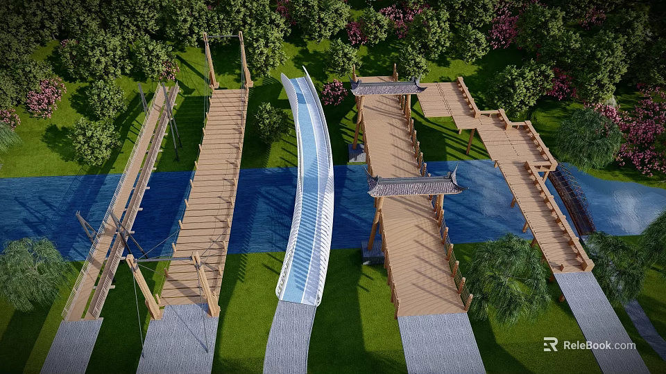 Scenic Landscape Bridge With Wooden Walkways And Lush Green Surroundings 3d model 