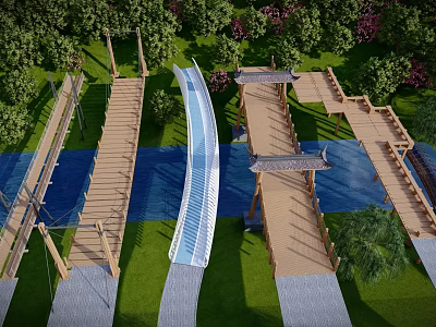 Scenic Landscape Bridge With Wooden Walkways And Lush Green Surroundings 3d model