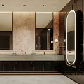 Modern Upscale Public Restroom Interior Features Marble Vanity Top And Stylish Backlit LED Mirrors