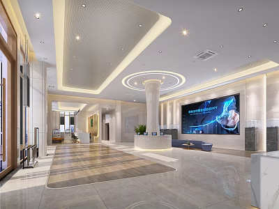 Modern Service Hall Spacious Interior Design With Reception Desk Large Display And Marble Elements 3d model