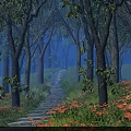 Enchanting Misty Forest Landscape With Tall Trees Winding Path And Wildflowers In Blue Mist