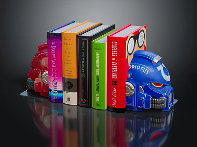 Colorful Books Displayed With Red Car And Blue Robot Helmet Decorative Bookends 3d model