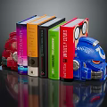 Colorful Books Displayed With Red Car And Blue Robot Helmet Decorative Bookends