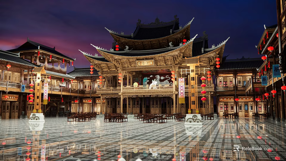 Ancient Architecture Courtyard With Traditional Roof Wooden Structure Lanterns Stone Paved Ground And Evening Lighting 3d model 