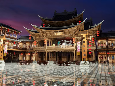 Ancient Architecture Courtyard With Traditional Roof Wooden Structure Lanterns Stone Paved Ground And Evening Lighting 3d model
