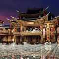 Ancient Architecture Courtyard With Traditional Roof Wooden Structure Lanterns Stone Paved Ground And Evening Lighting