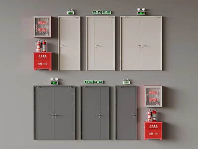 Wall Mounted Fire Safety Cabinets With Red Boxes And Gray Storage Units 3d model