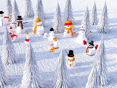 Snowy Winter Landscape With Snowmen And Snow Covered Pine Trees In White Snow 3d model