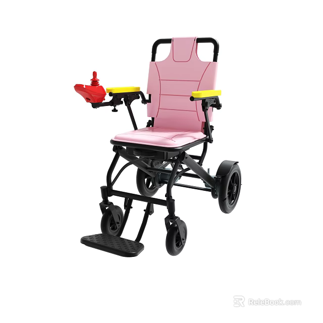 Lightweight Foldable Wheelchair With Pink Seat Black Frame Yellow Armrests And Red Controller 3d model 