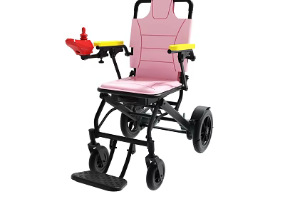 Lightweight Foldable Wheelchair With Pink Seat Black Frame Yellow Armrests And Red Controller 3d model