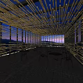 Bamboo Themed Restaurant Interior With Ceiling Strips Lighting Stone Countertop And Night View