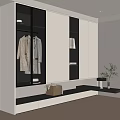 Modern Wardrobe With Glass Doors White Cabinets Hanging Clothes Open Shelves Bench And Plant