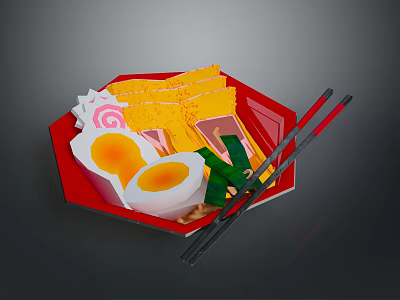 Fried Eggs And Yellow Food Items On Red Plate With Green Leaves And Red Chopsticks 3d model