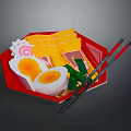 Fried Eggs And Yellow Food Items On Red Plate With Green Leaves And Red Chopsticks
