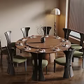 Round Wooden Dining Table With Green Cushioned Chairs And Floor Lamp In Room With Blinds
