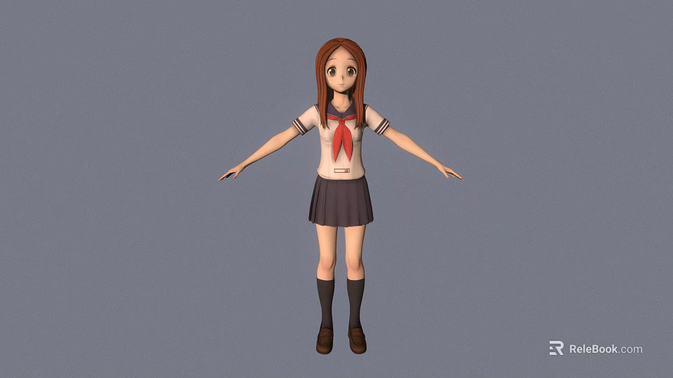3D Model Girl Character In School Uniform Wearing Red Tie White Shirt And Dark Skirt 3d model 