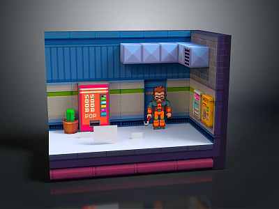 Colorful 3D Interior Scene With Blue Walls Orange Figure Red Machine Green Plant And Yellow Posters 3d model