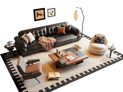 Stylish Leather Sofa And Coffee Table Set With Cozy Rug Floor Lamp Pillows And Armchair 3d model